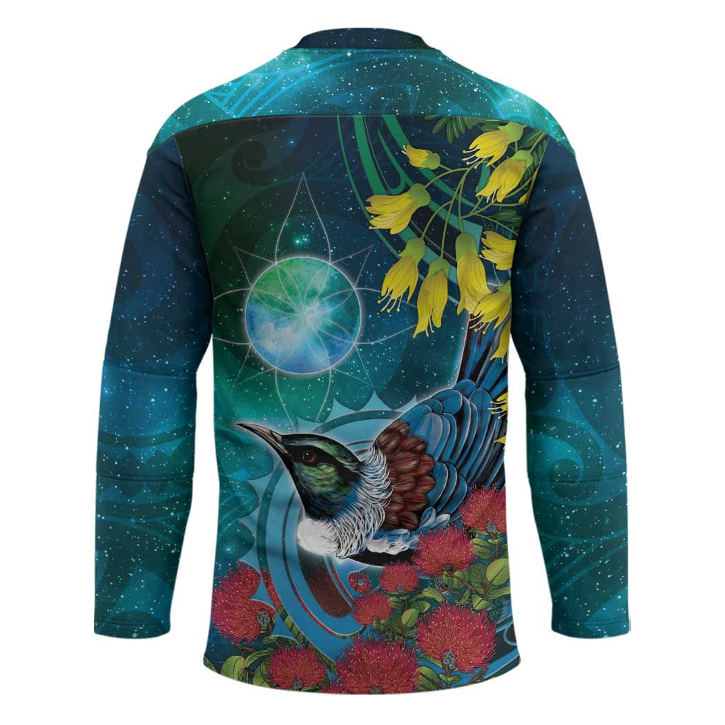 New Zealand Tui Bird Hockey Jersey Maori Koru With Pohutukawa Galaxy Style - Polynesian Pride