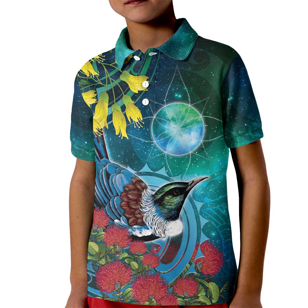 New Zealand Tui Bird Kid Polo Shirt Maori Koru With Pohutukawa Galaxy Style - Polynesian Pride
