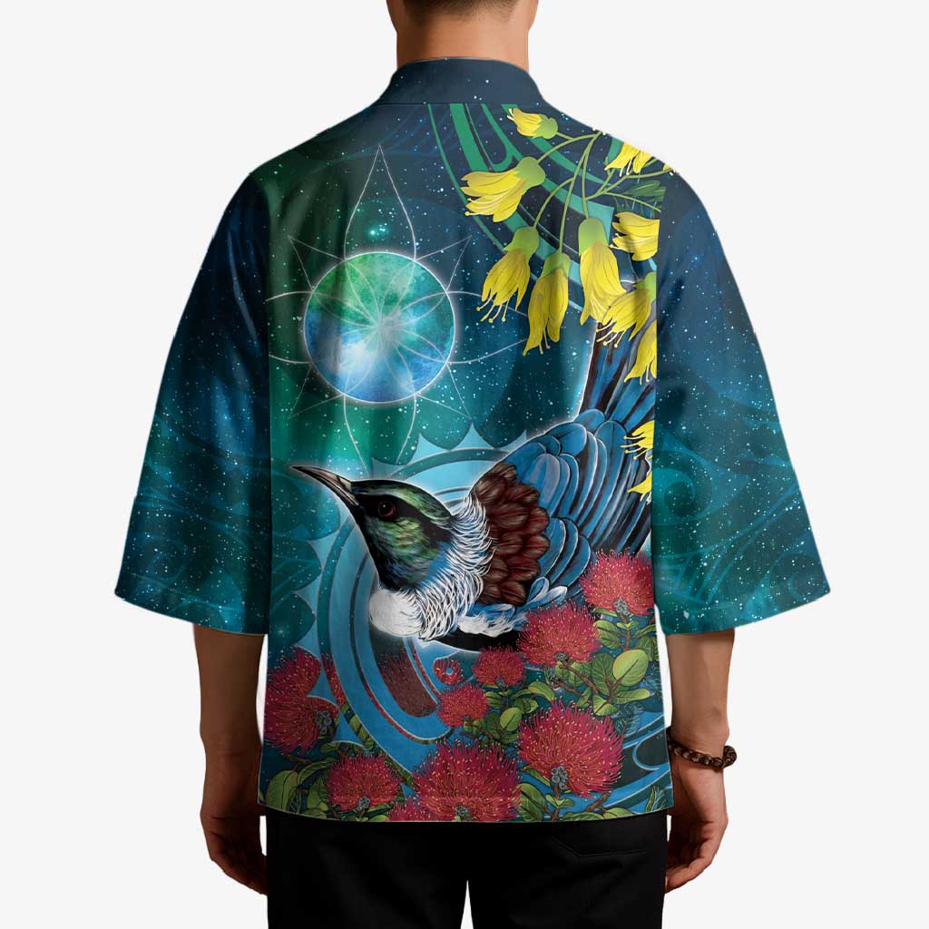 New Zealand Tui Bird Kimono Maori Koru With Pohutukawa Galaxy Style - Polynesian Pride