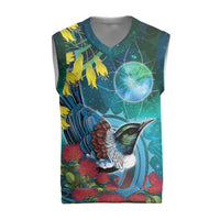 New Zealand Tui Bird Christmas Knitted V-Neck Vest Maori Koru With Pohutukawa Galaxy Style LT05 Blue - Polynesian Pride