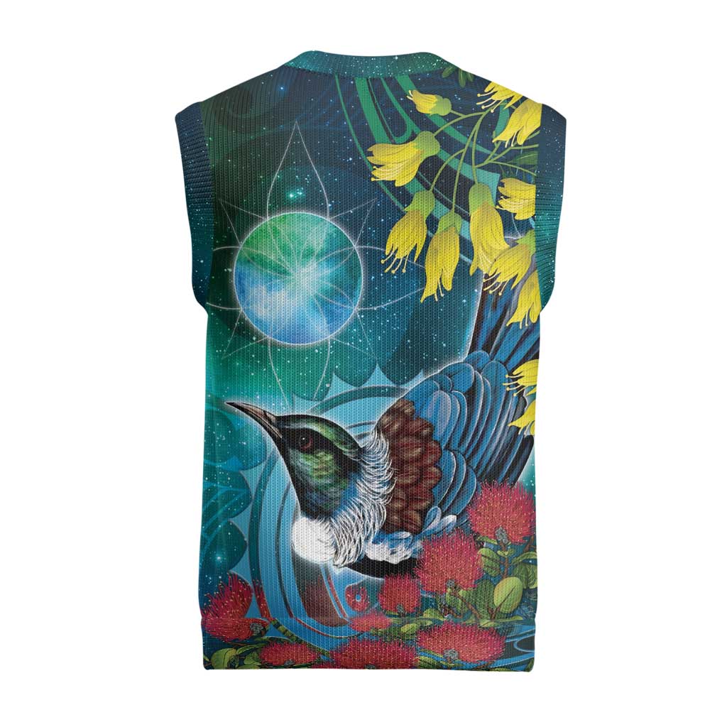 New Zealand Tui Bird Christmas Knitted V-Neck Vest Maori Koru With Pohutukawa Galaxy Style LT05 - Polynesian Pride
