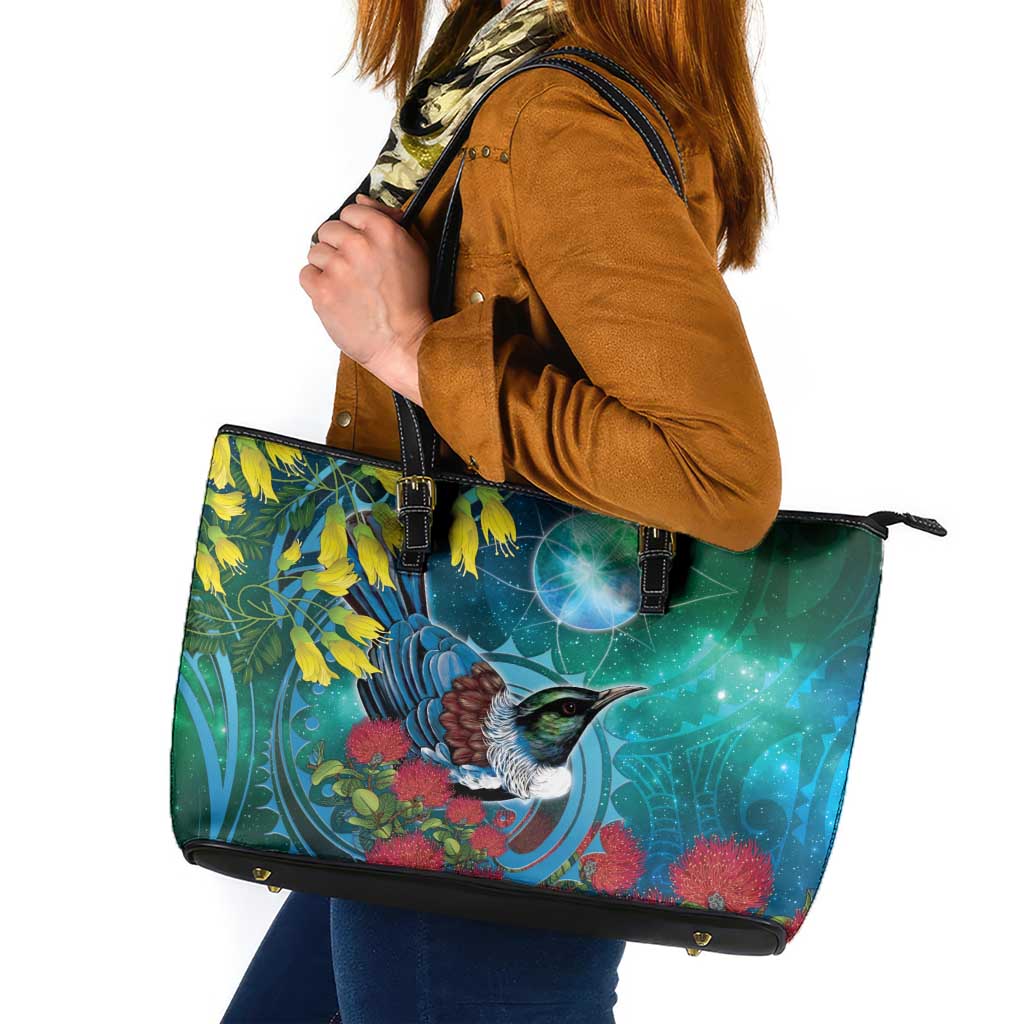 New Zealand Tui Bird Leather Tote Bag Maori Koru With Pohutukawa Galaxy Style - Polynesian Pride