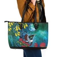 New Zealand Tui Bird Leather Tote Bag Maori Koru With Pohutukawa Galaxy Style - Polynesian Pride