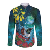 New Zealand Tui Bird Long Sleeve Button Shirt Maori Koru With Pohutukawa Galaxy Style - Polynesian Pride