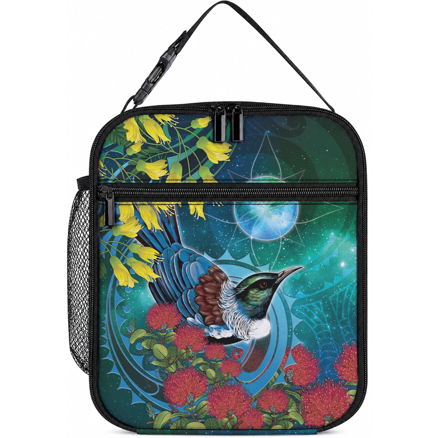 New Zealand Tui Bird Lunch Bag Maori Koru With Pohutukawa Galaxy Style LT05 10.2 × 8.3 × 4.3 inch Blue - Polynesian Pride