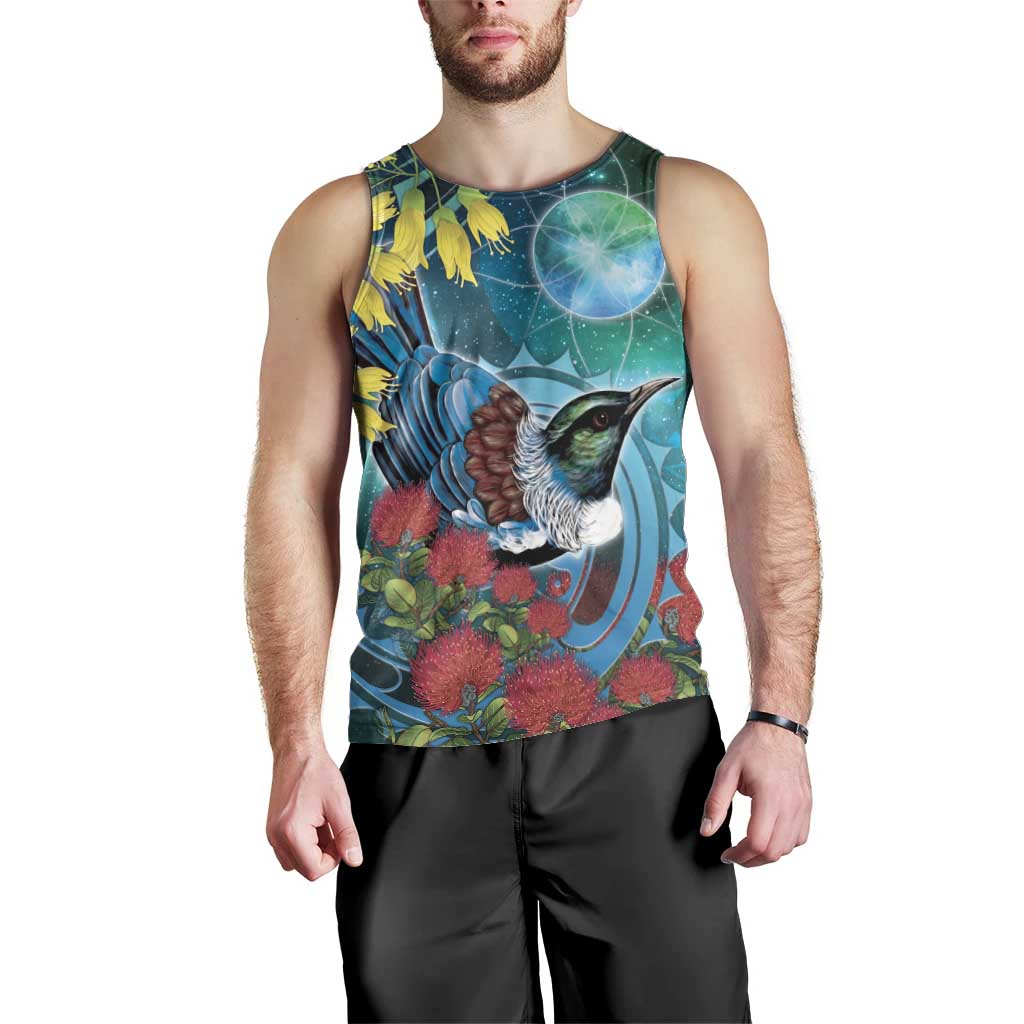 New Zealand Tui Bird Men Tank Top Maori Koru With Pohutukawa Galaxy Style - Polynesian Pride