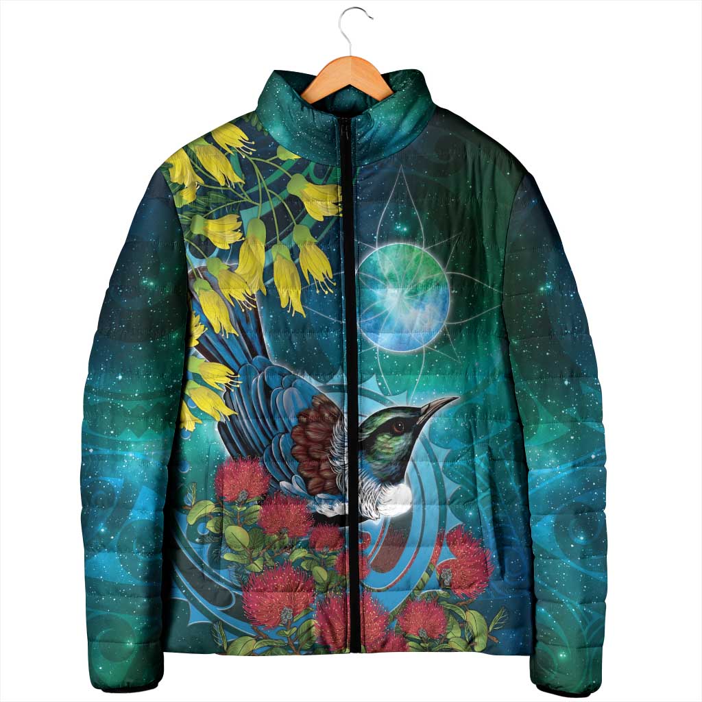 New Zealand Tui Bird Padded Jacket Maori Koru With Pohutukawa Galaxy Style - Polynesian Pride