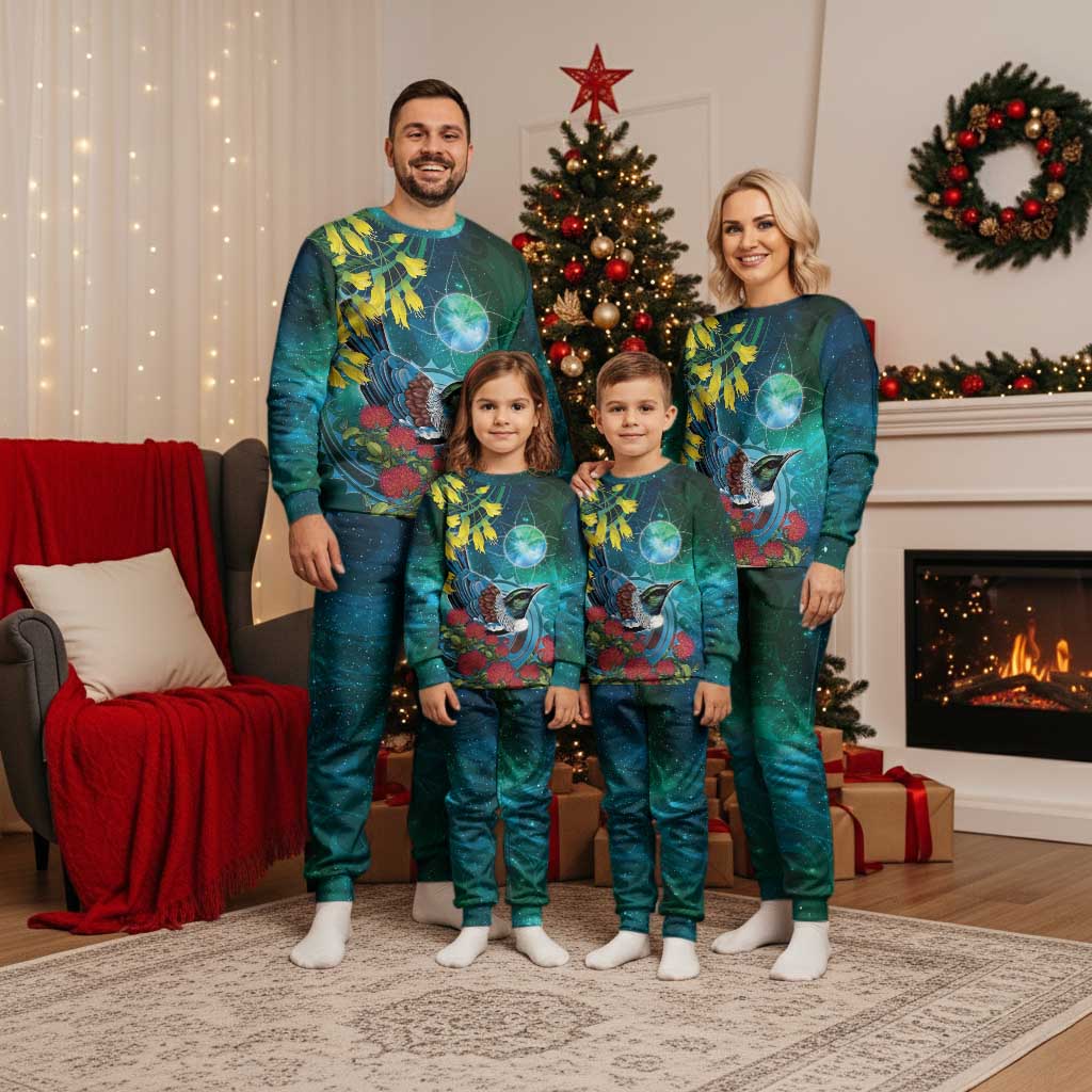 New Zealand Tui Bird Christmas Pajama Set Maori Koru With Pohutukawa Galaxy Style - Polynesian Pride