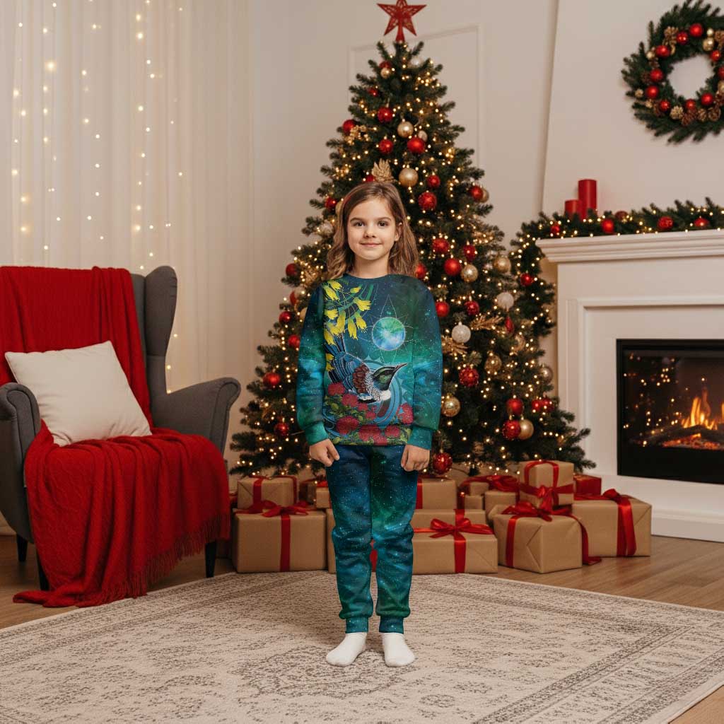New Zealand Tui Bird Christmas Pajama Set Maori Koru With Pohutukawa Galaxy Style - Polynesian Pride