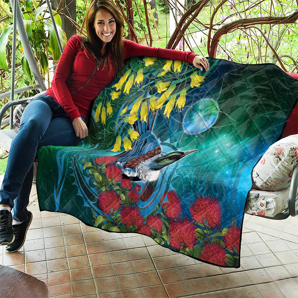 New Zealand Tui Bird Quilt Maori Koru With Pohutukawa Galaxy Style - Polynesian Pride