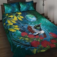 New Zealand Tui Bird Quilt Bed Set Maori Koru With Pohutukawa Galaxy Style - Polynesian Pride