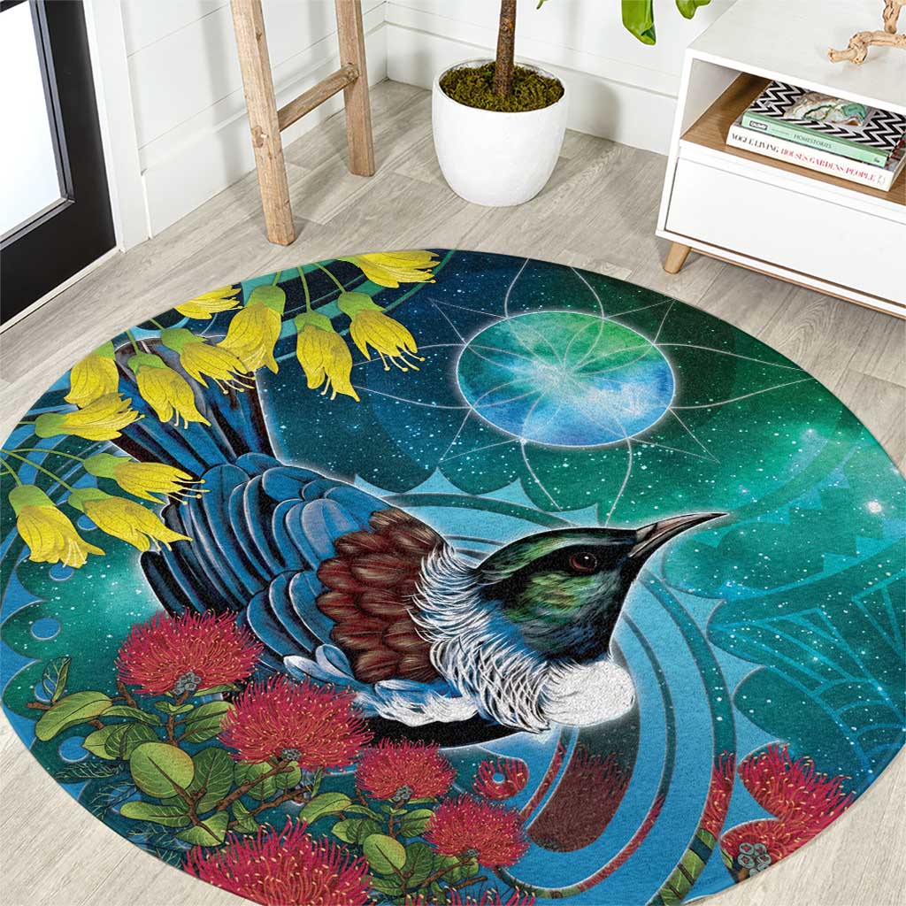New Zealand Tui Bird Round Carpet Maori Koru With Pohutukawa Galaxy Style - Polynesian Pride