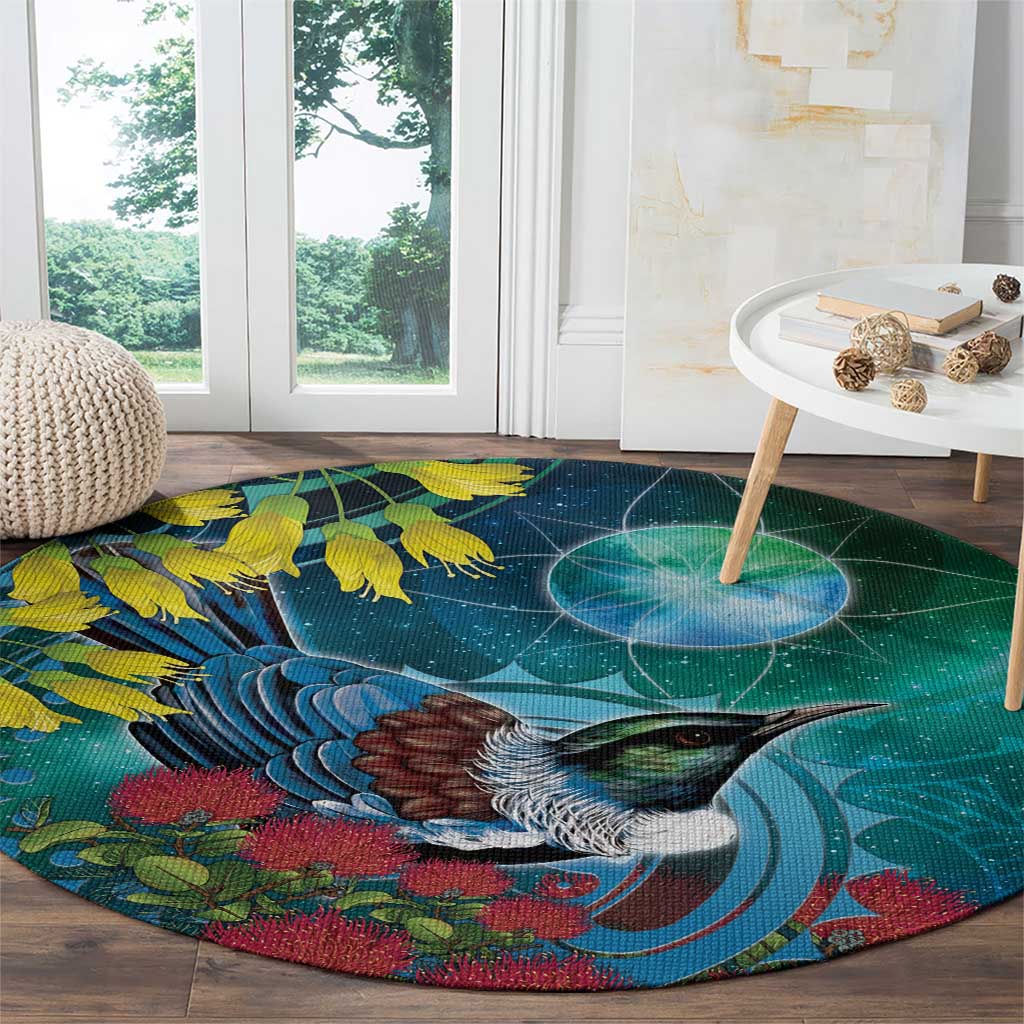 New Zealand Tui Bird Round Carpet Maori Koru With Pohutukawa Galaxy Style - Polynesian Pride