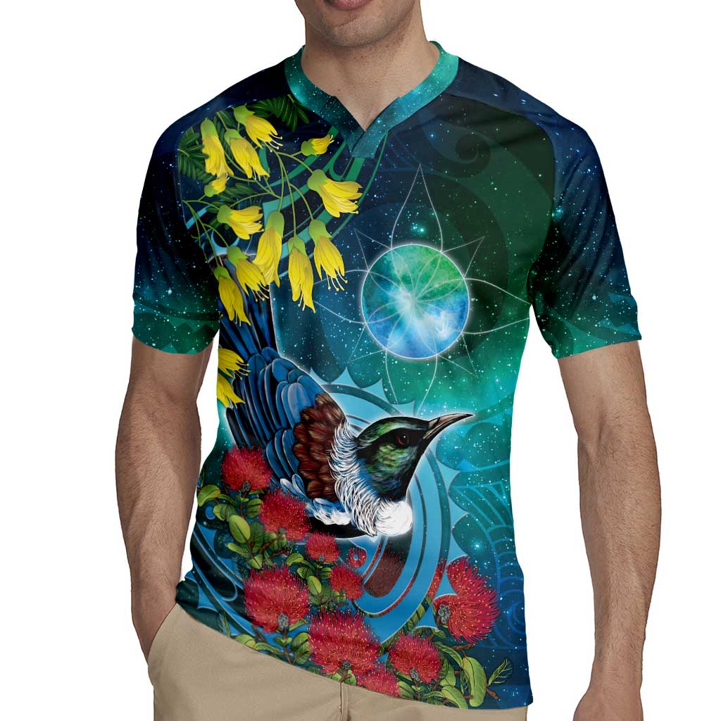 New Zealand Tui Bird Rugby Jersey Maori Koru With Pohutukawa Galaxy Style - Polynesian Pride