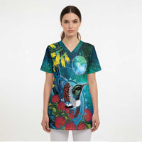 New Zealand Tui Bird Scrub Top Maori Koru With Pohutukawa Galaxy Style - Polynesian Pride