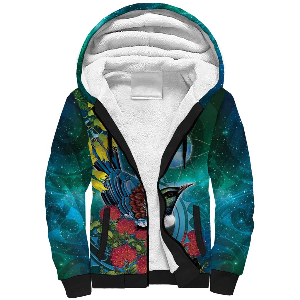 New Zealand Tui Bird Sherpa Hoodie Maori Koru With Pohutukawa Galaxy Style - Polynesian Pride