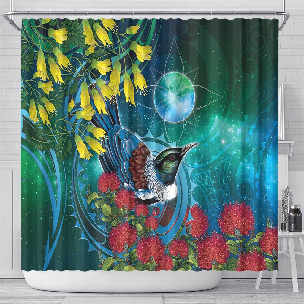 New Zealand Tui Bird Shower Curtain Maori Koru With Pohutukawa Galaxy Style - Polynesian Pride