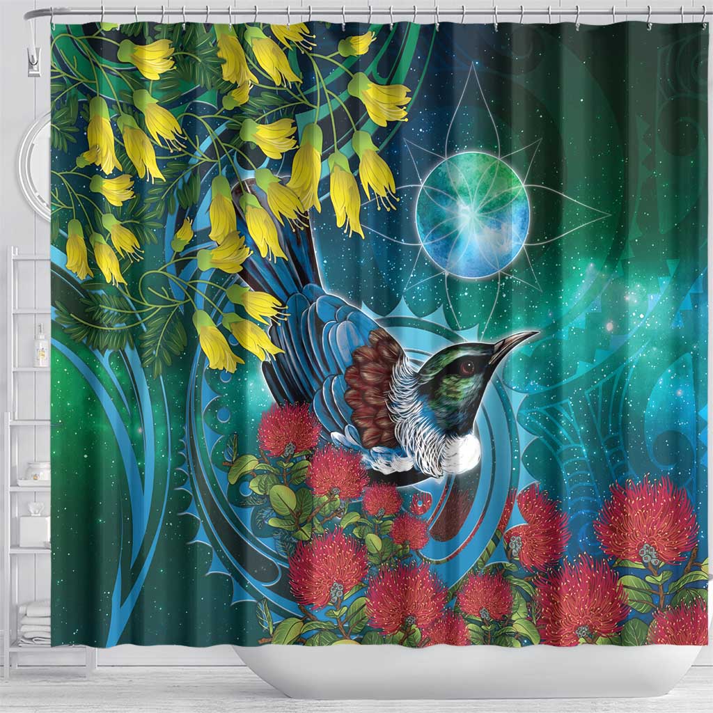 New Zealand Tui Bird Shower Curtain Maori Koru With Pohutukawa Galaxy Style - Polynesian Pride