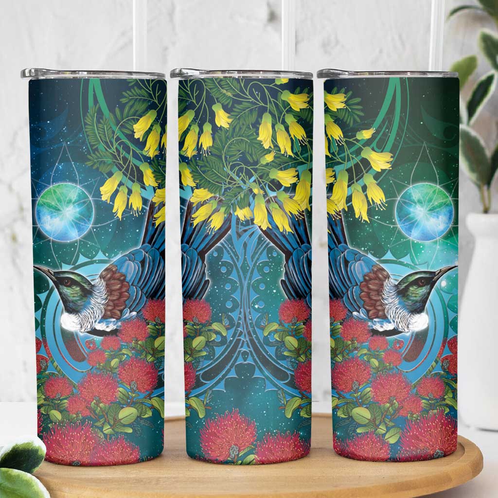 New Zealand Tui Bird Skinny Tumbler Maori Koru With Pohutukawa Galaxy Style - Polynesian Pride