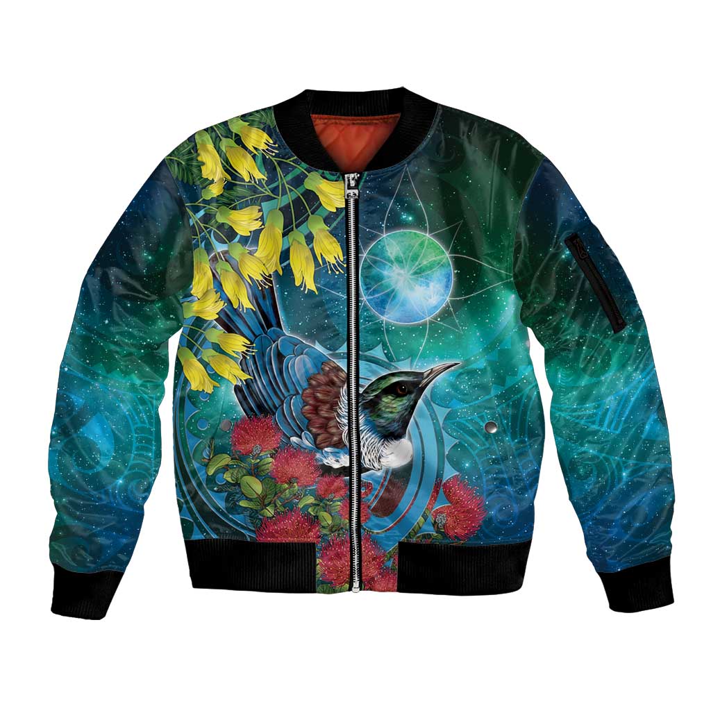 New Zealand Tui Bird Sleeve Zip Bomber Jacket Maori Koru With Pohutukawa Galaxy Style - Polynesian Pride