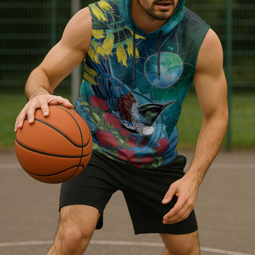 New Zealand Tui Bird Sleeveless Hoodie Maori Koru With Pohutukawa Galaxy Style - Polynesian Pride