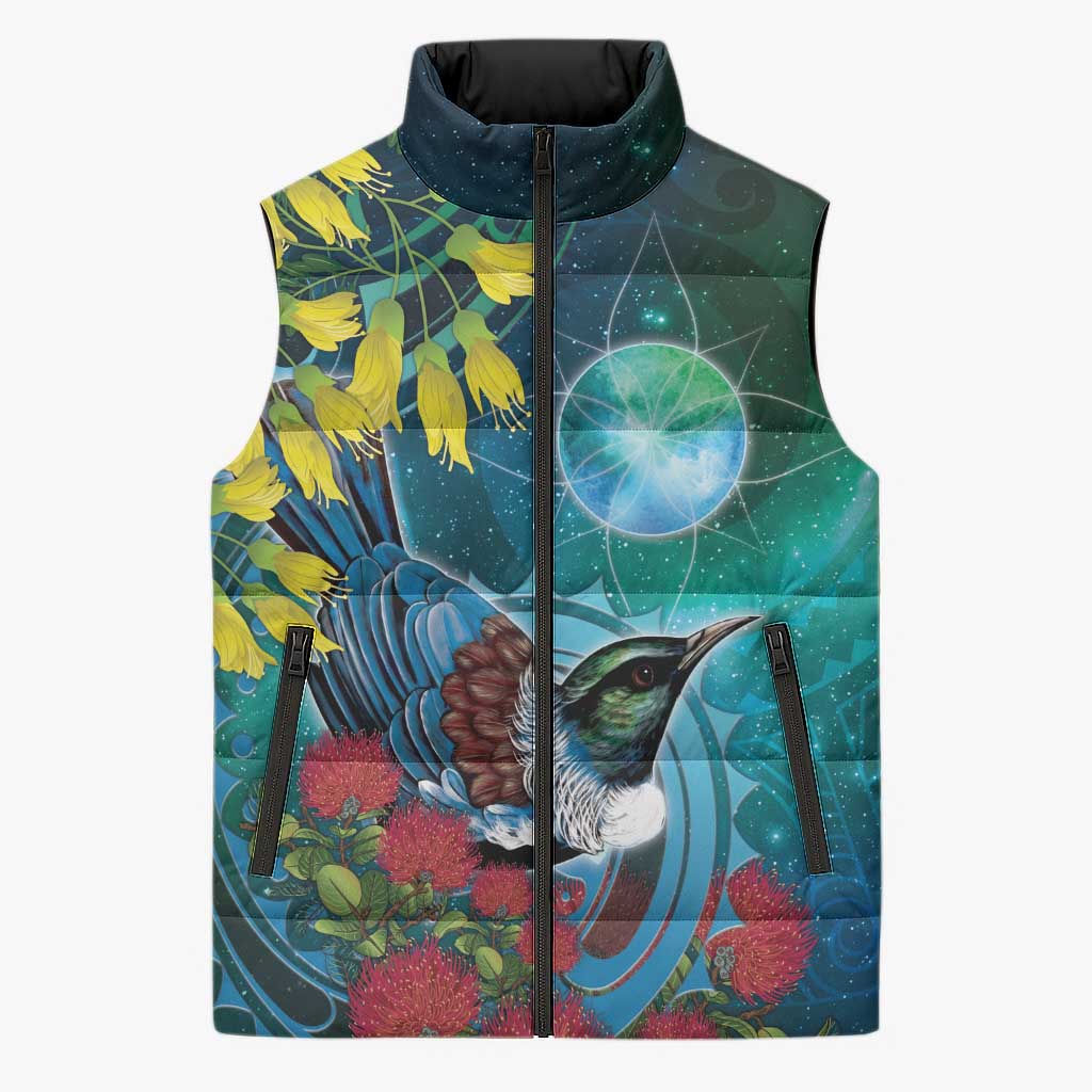New Zealand Tui Bird Sleeveless Puffer Jacket Maori Koru With Pohutukawa Galaxy Style - Polynesian Pride