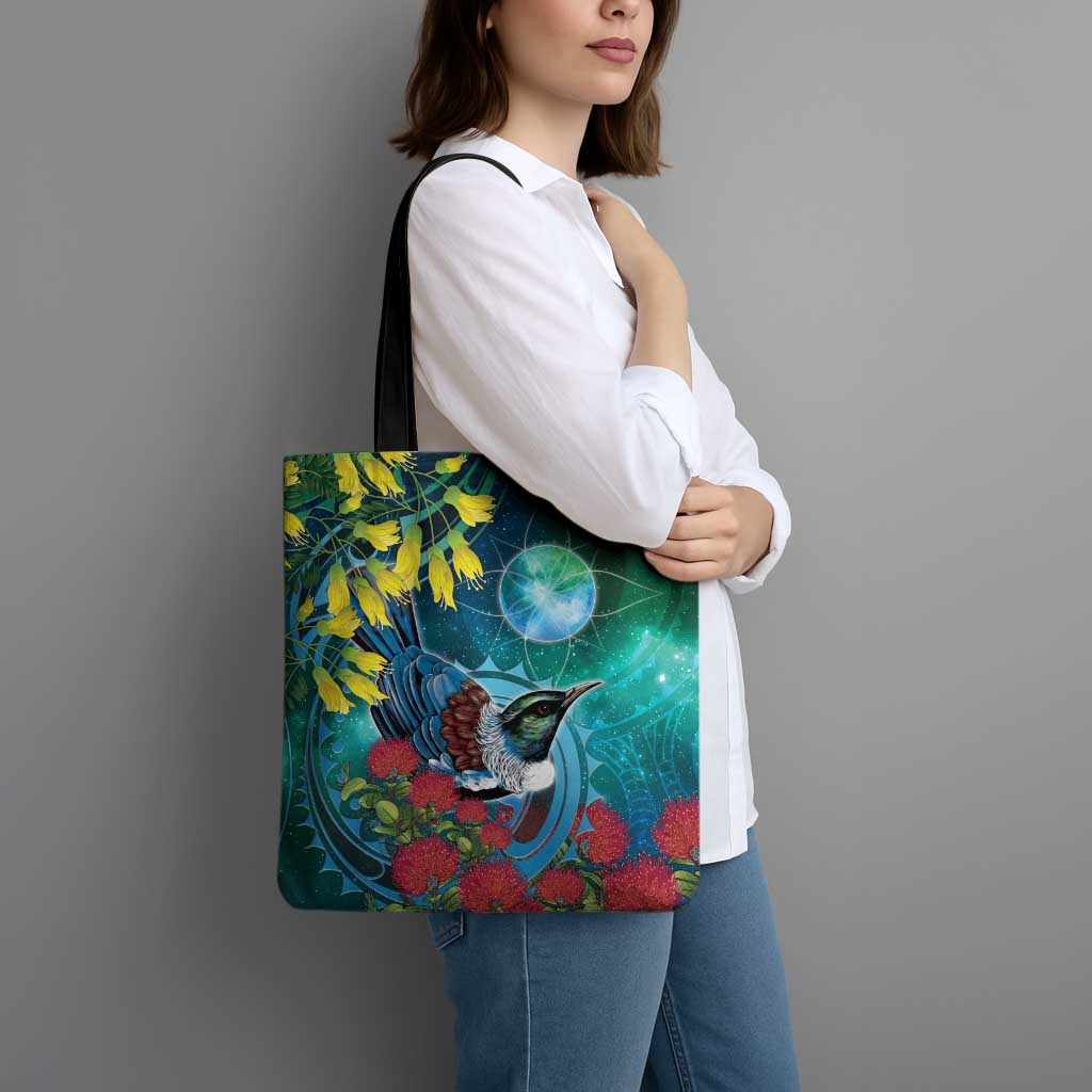 New Zealand Tui Bird Tote Bag Maori Koru With Pohutukawa Galaxy Style - Polynesian Pride