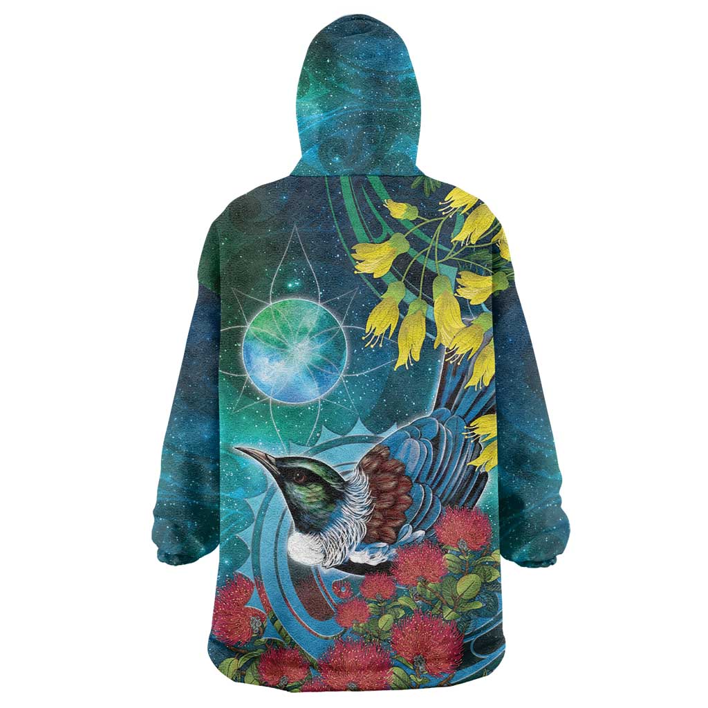 New Zealand Tui Bird Wearable Blanket Hoodie Maori Koru With Pohutukawa Galaxy Style - Polynesian Pride