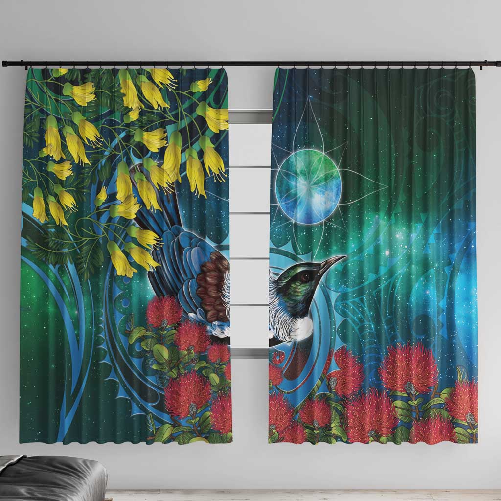 New Zealand Tui Bird Window Curtain Maori Koru With Pohutukawa Galaxy Style - Polynesian Pride