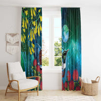 New Zealand Tui Bird Window Curtain Maori Koru With Pohutukawa Galaxy Style - Polynesian Pride