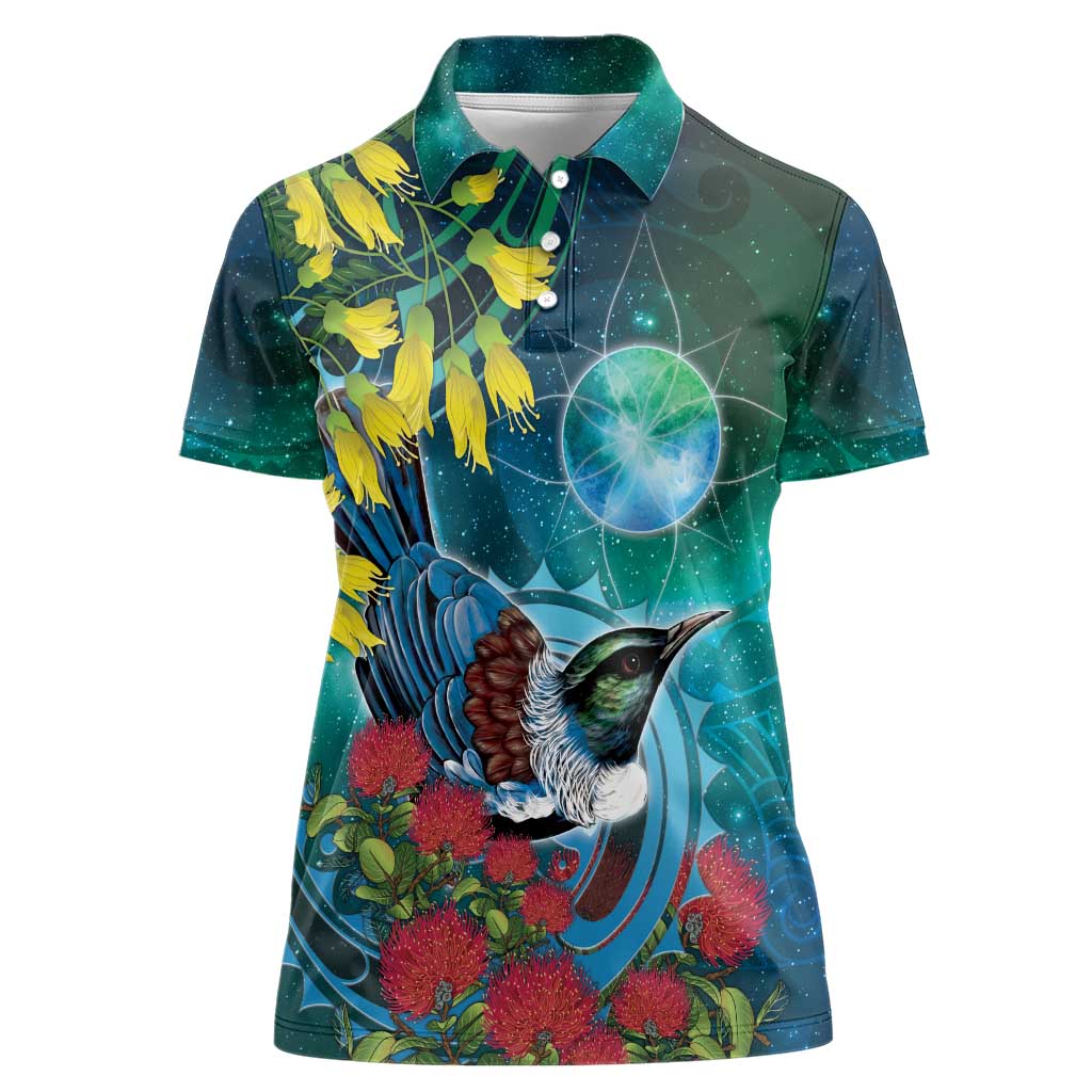 New Zealand Tui Bird Women Polo Shirt Maori Koru With Pohutukawa Galaxy Style - Polynesian Pride