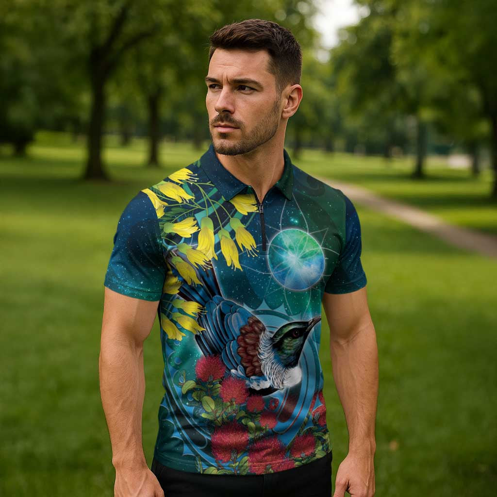 New Zealand Tui Bird Zipper Polo Shirt Maori Koru With Pohutukawa Galaxy Style - Polynesian Pride