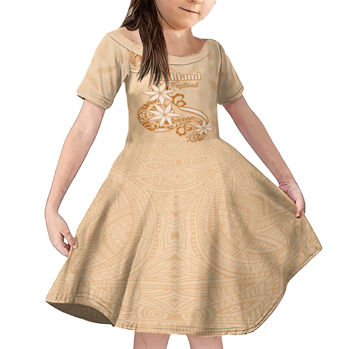 Personalised New Zealand Auckland Folk Festival Family Matching Off Shoulder Maxi Dress and Hawaiian Shirt Vintage Style LT05 Daughter's Dress Brown - Polynesian Pride