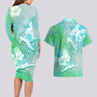Couple Sea Turtle One Love One Heart Couples Matching Long Sleeve Bodycon Dress and Hawaiian Shirt LT05 - Polynesian Pride
