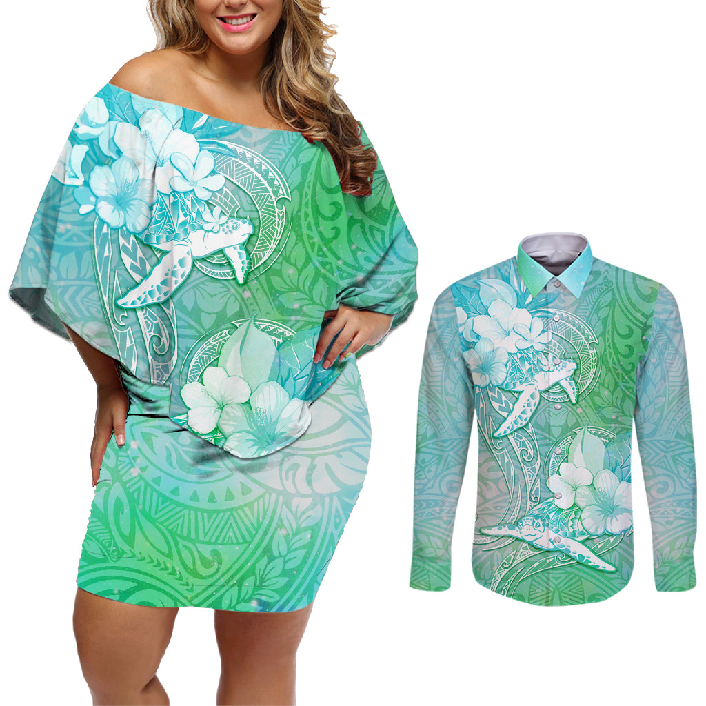 Couple Sea Turtle One Love One Heart Couples Matching Off Shoulder Short Dress and Long Sleeve Button Shirt LT05 Aqua - Polynesian Pride
