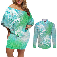 Couple Sea Turtle One Love One Heart Couples Matching Off Shoulder Short Dress and Long Sleeve Button Shirt LT05 Aqua - Polynesian Pride