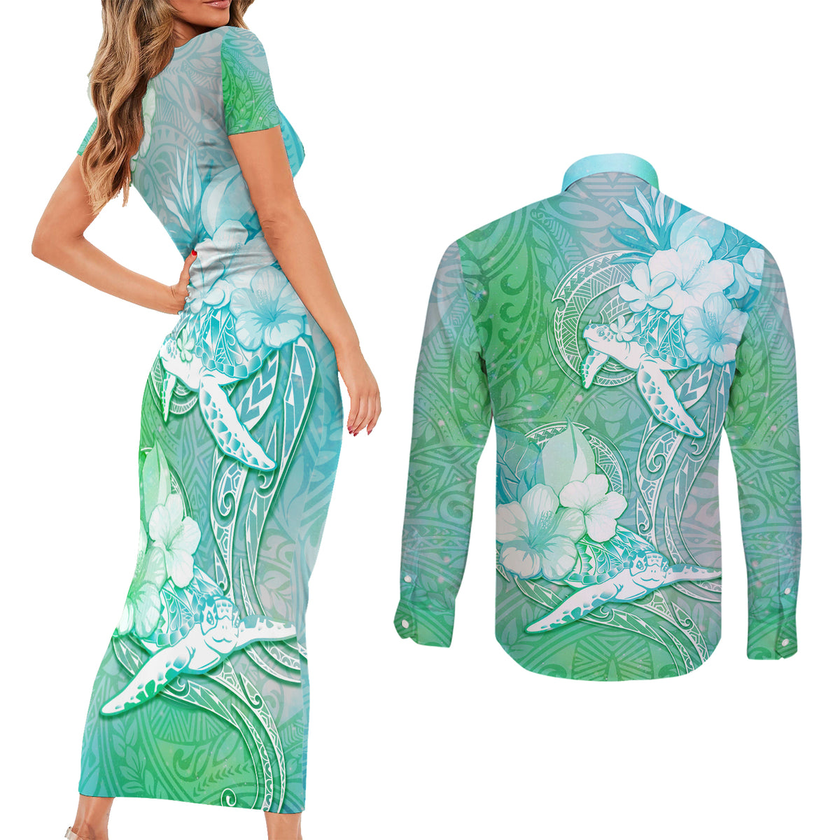 Couple Sea Turtle One Love One Heart Couples Matching Short Sleeve Bodycon Dress and Long Sleeve Button Shirt LT05 - Polynesian Pride