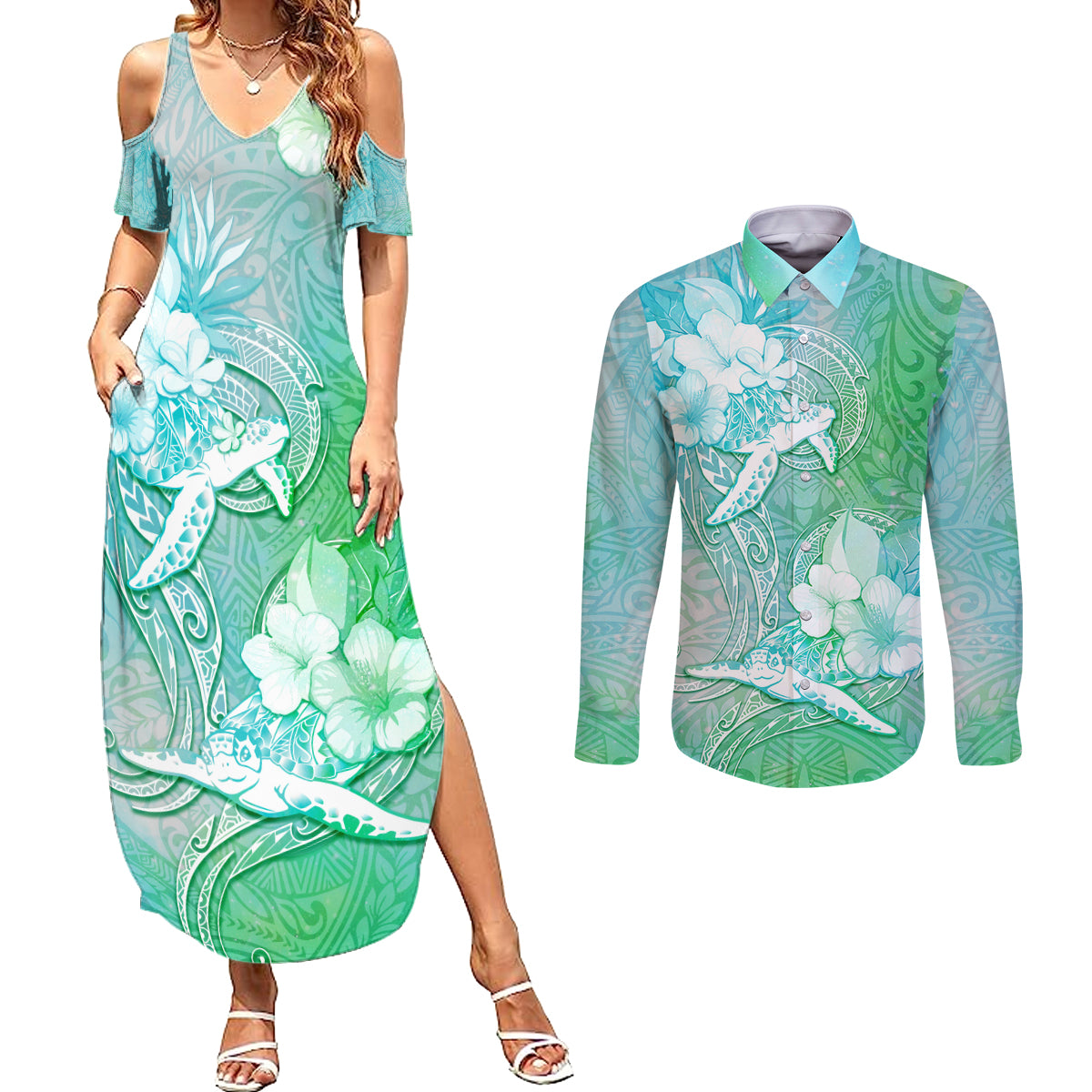 Couple Sea Turtle One Love One Heart Couples Matching Summer Maxi Dress and Long Sleeve Button Shirt LT05 Aqua - Polynesian Pride