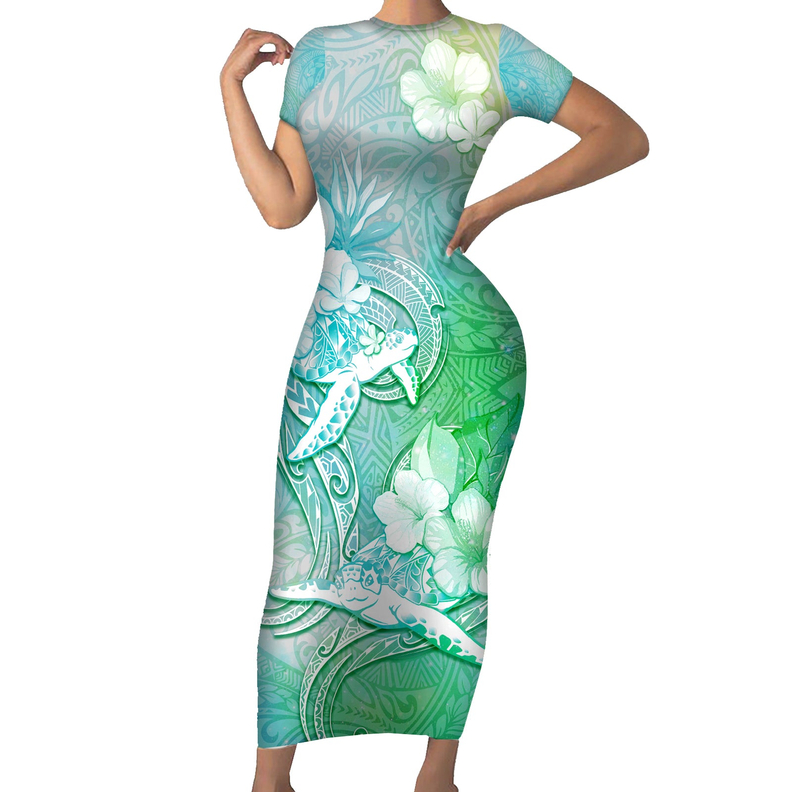 Couple Sea Turtle One Love One Heart Short Sleeve Bodycon Dress LT05 Long Dress Aqua - Polynesian Pride