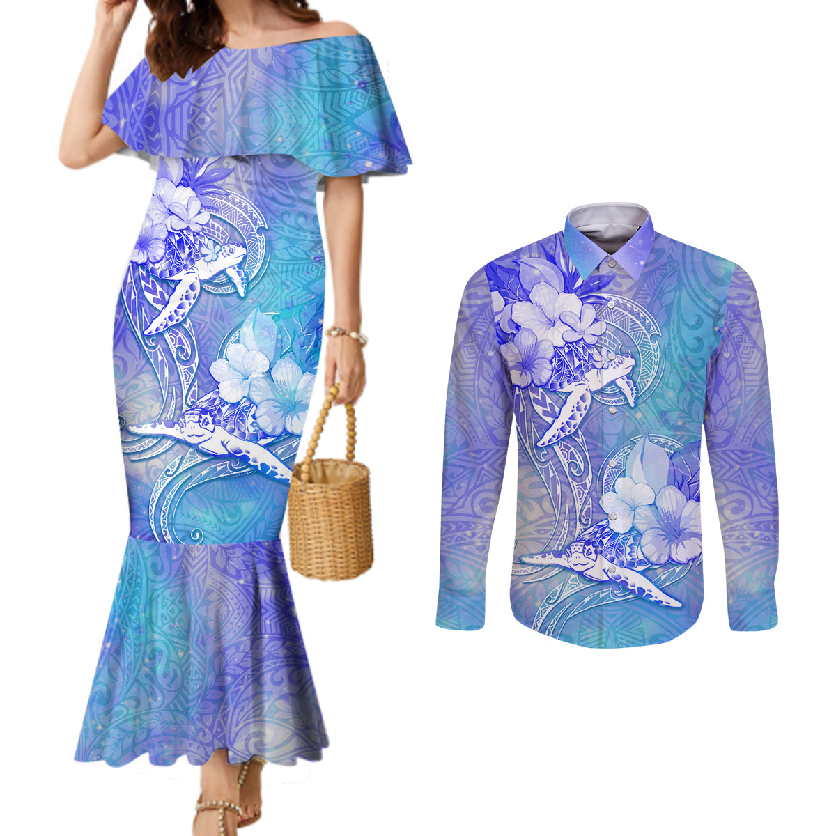 Couple Blue Sea Turtle Heart Love Couples Matching Mermaid Dress and Long Sleeve Button Shirt LT05 Blue - Polynesian Pride