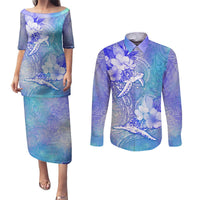 Couple Blue Sea Turtle Heart Love Couples Matching Puletasi Dress and Long Sleeve Button Shirt LT05 Blue - Polynesian Pride