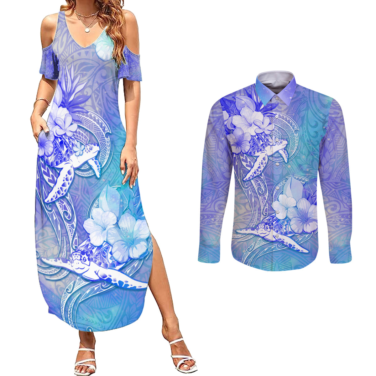 Couple Blue Sea Turtle Heart Love Couples Matching Summer Maxi Dress and Long Sleeve Button Shirt LT05 Blue - Polynesian Pride