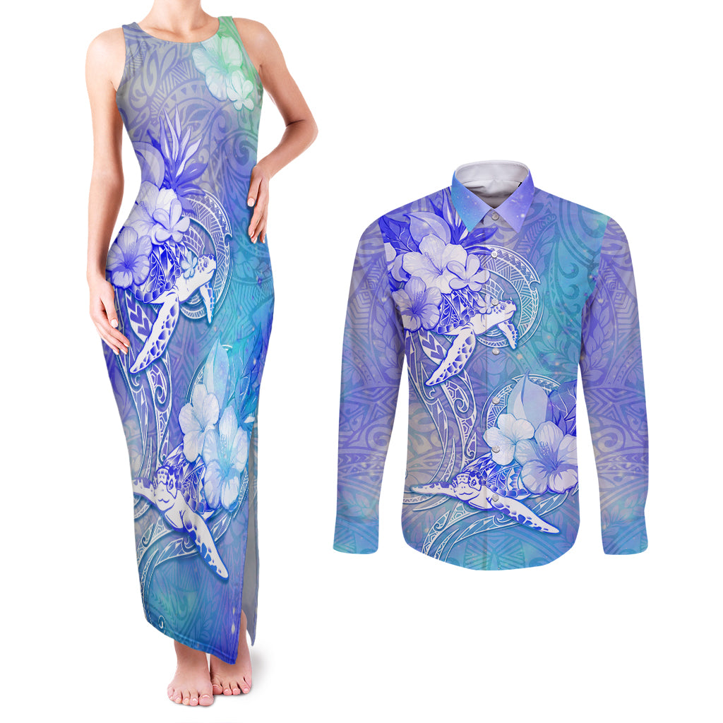 Couple Blue Sea Turtle Heart Love Couples Matching Tank Maxi Dress and Long Sleeve Button Shirt LT05 Blue - Polynesian Pride