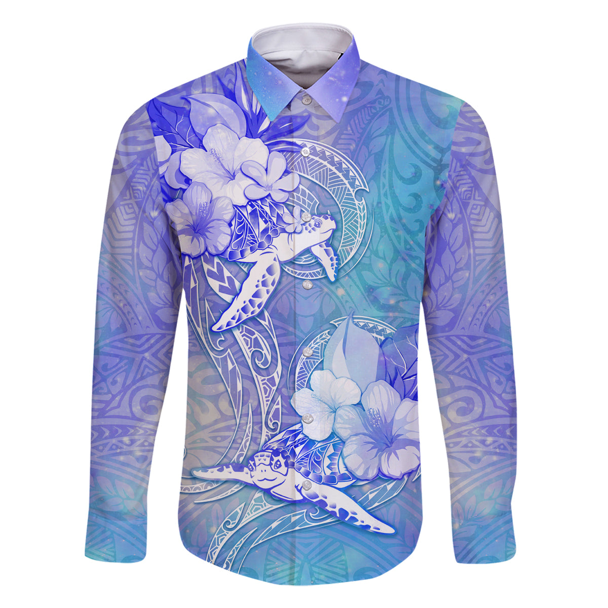 Couple Blue Sea Turtle Heart Love Family Matching Mermaid Dress and Hawaiian Shirt LT05 Dad's Shirt - Long Sleeve Blue - Polynesian Pride
