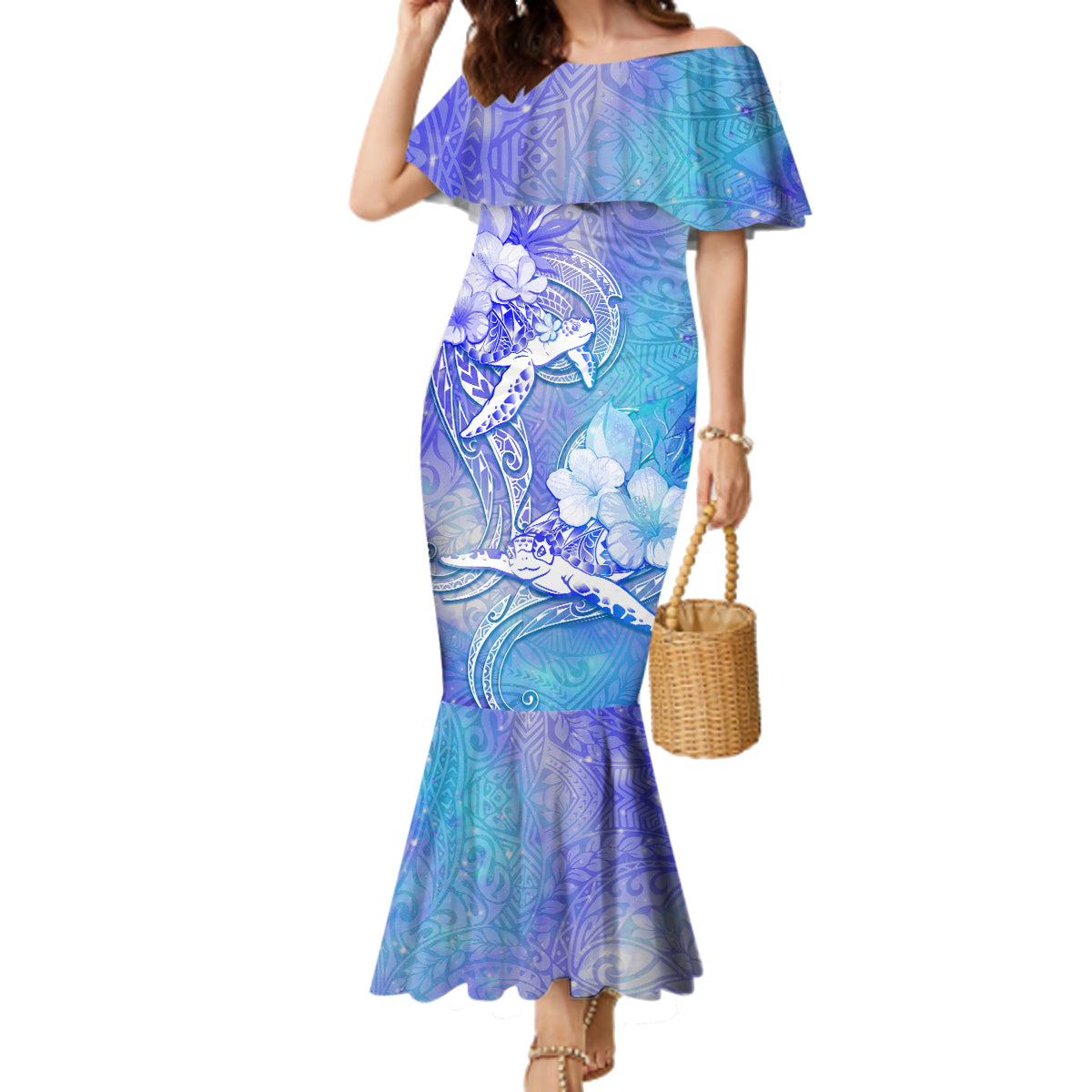 Couple Blue Sea Turtle Heart Love Family Matching Mermaid Dress and Hawaiian Shirt LT05 Mom's Dress Blue - Polynesian Pride