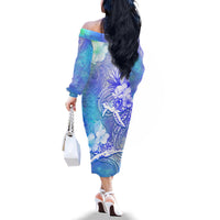 Couple Blue Sea Turtle Heart Love Family Matching Off Shoulder Long Sleeve Dress and Hawaiian Shirt LT05 - Polynesian Pride