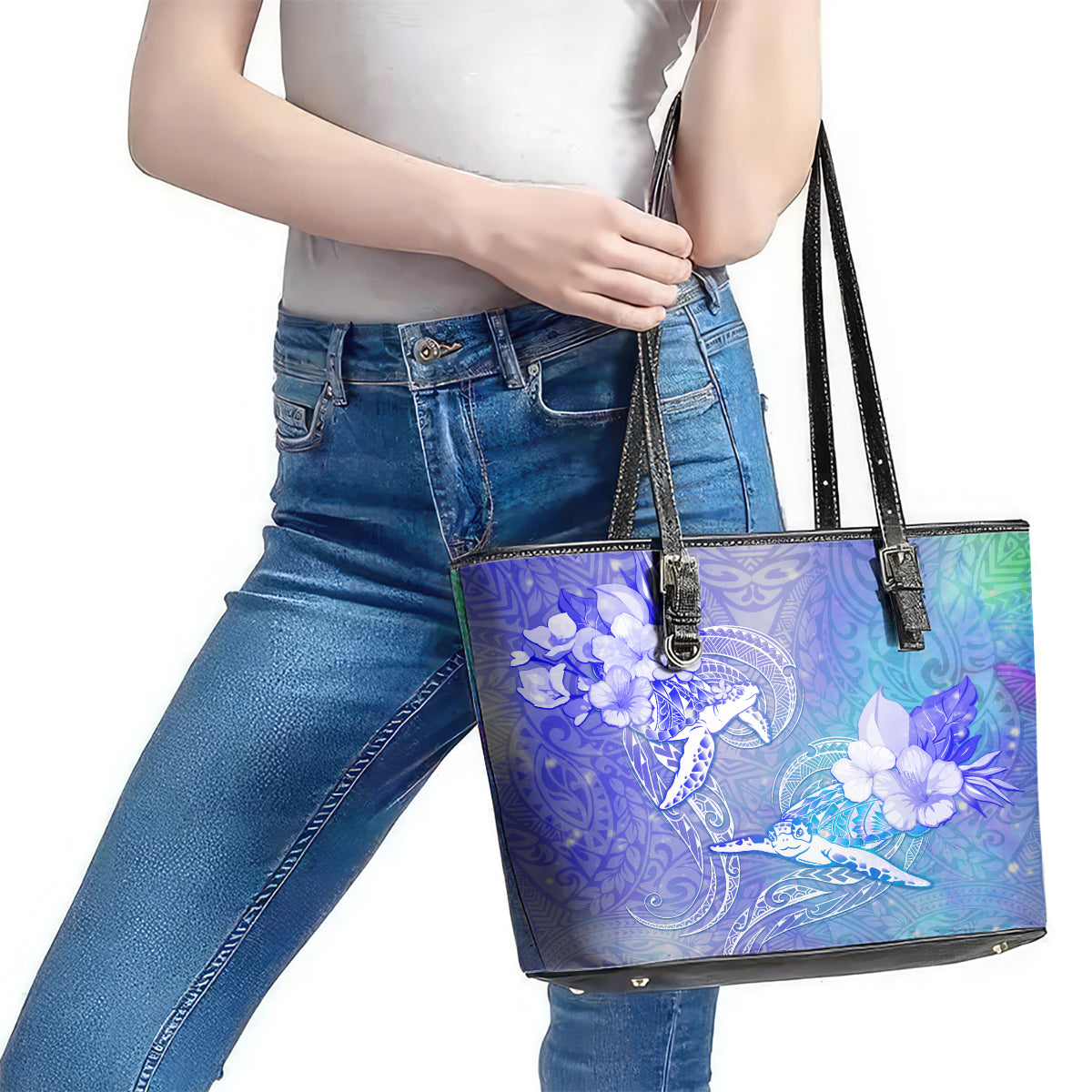 Couple Blue Sea Turtle Heart Love Leather Tote Bag LT05 - Polynesian Pride