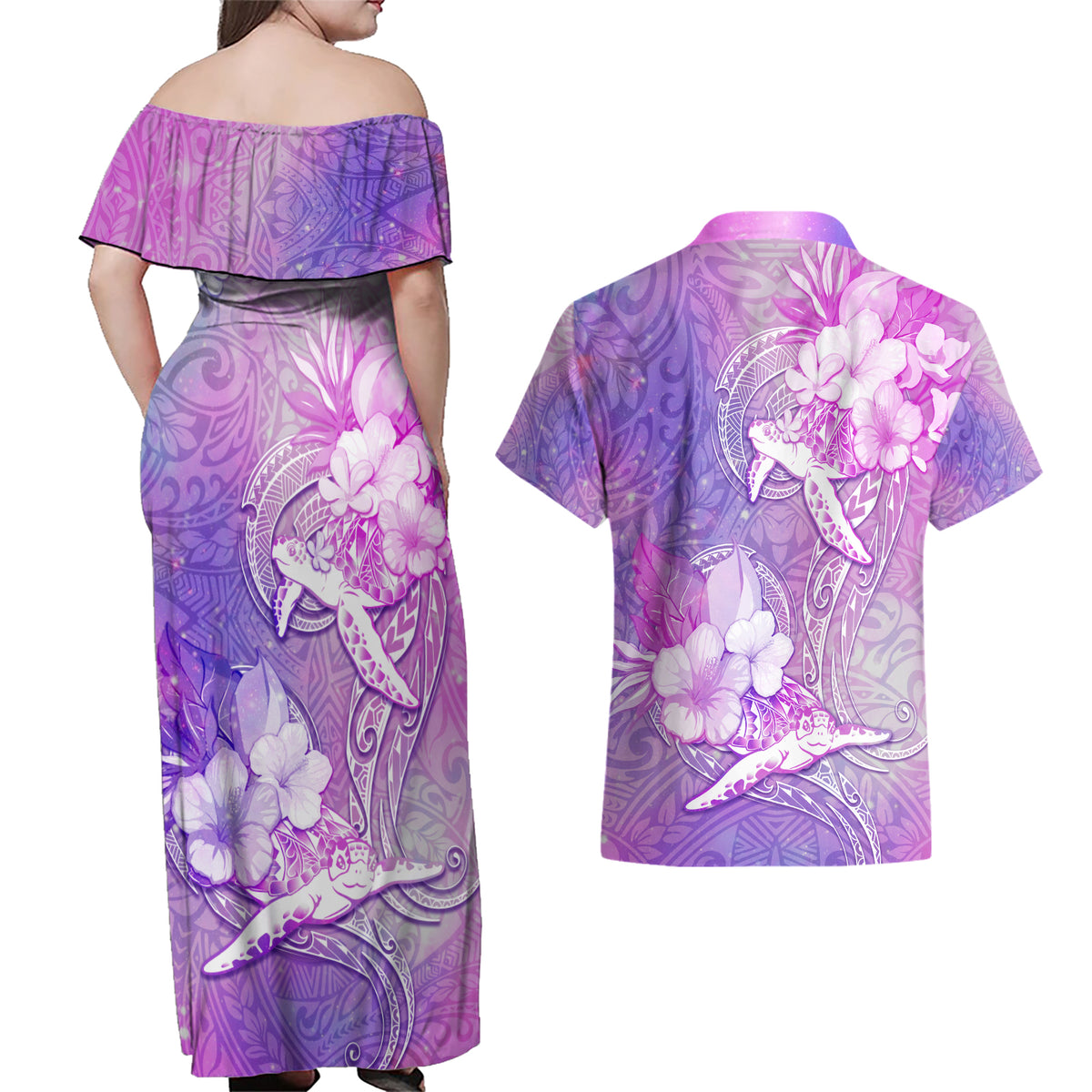 Couple Sea Turtle Love Give Us A Fairytale Couples Matching Off Shoulder Maxi Dress and Hawaiian Shirt LT05 - Polynesian Pride