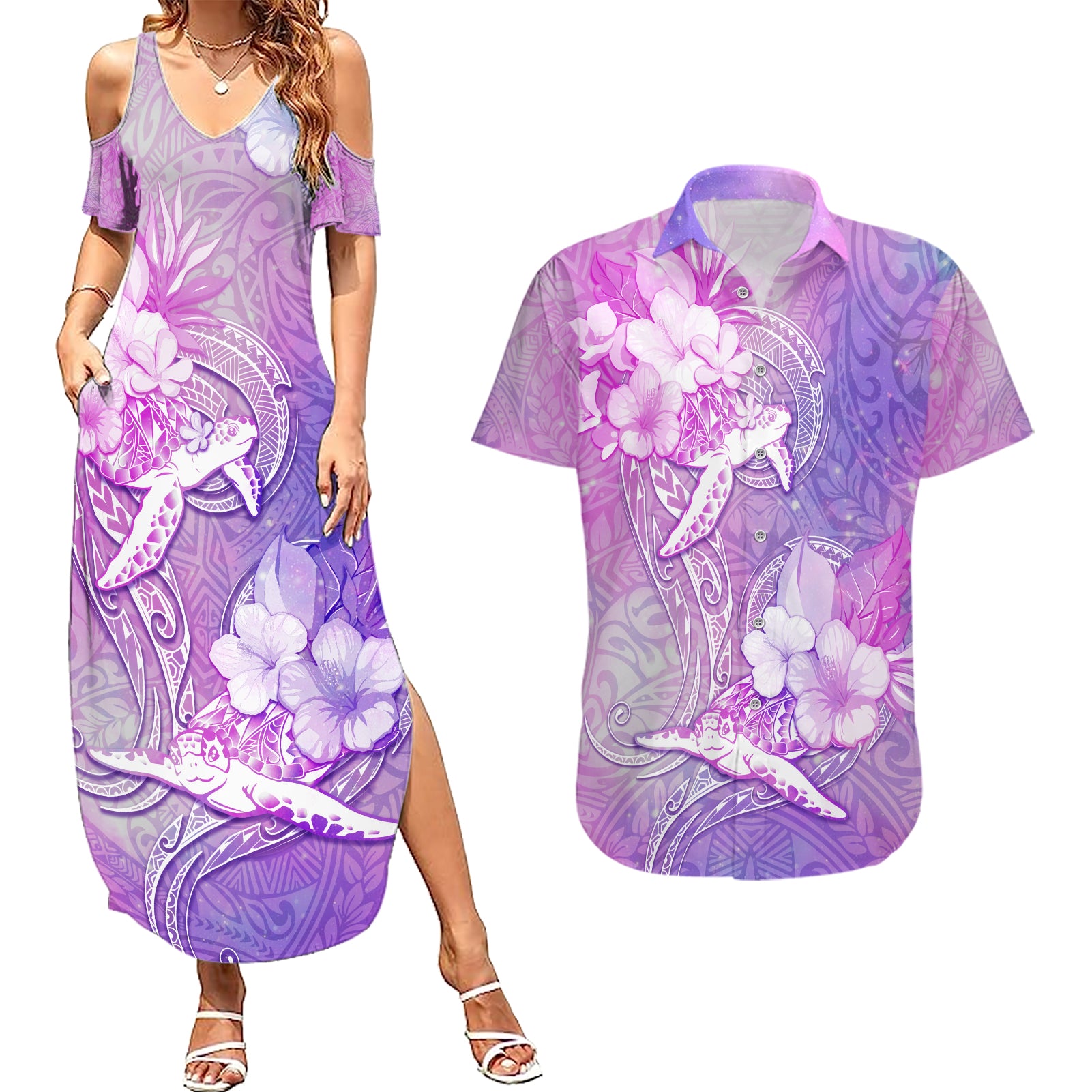 Couple Sea Turtle Love Give Us A Fairytale Couples Matching Summer Maxi Dress and Hawaiian Shirt LT05 Pink - Polynesian Pride