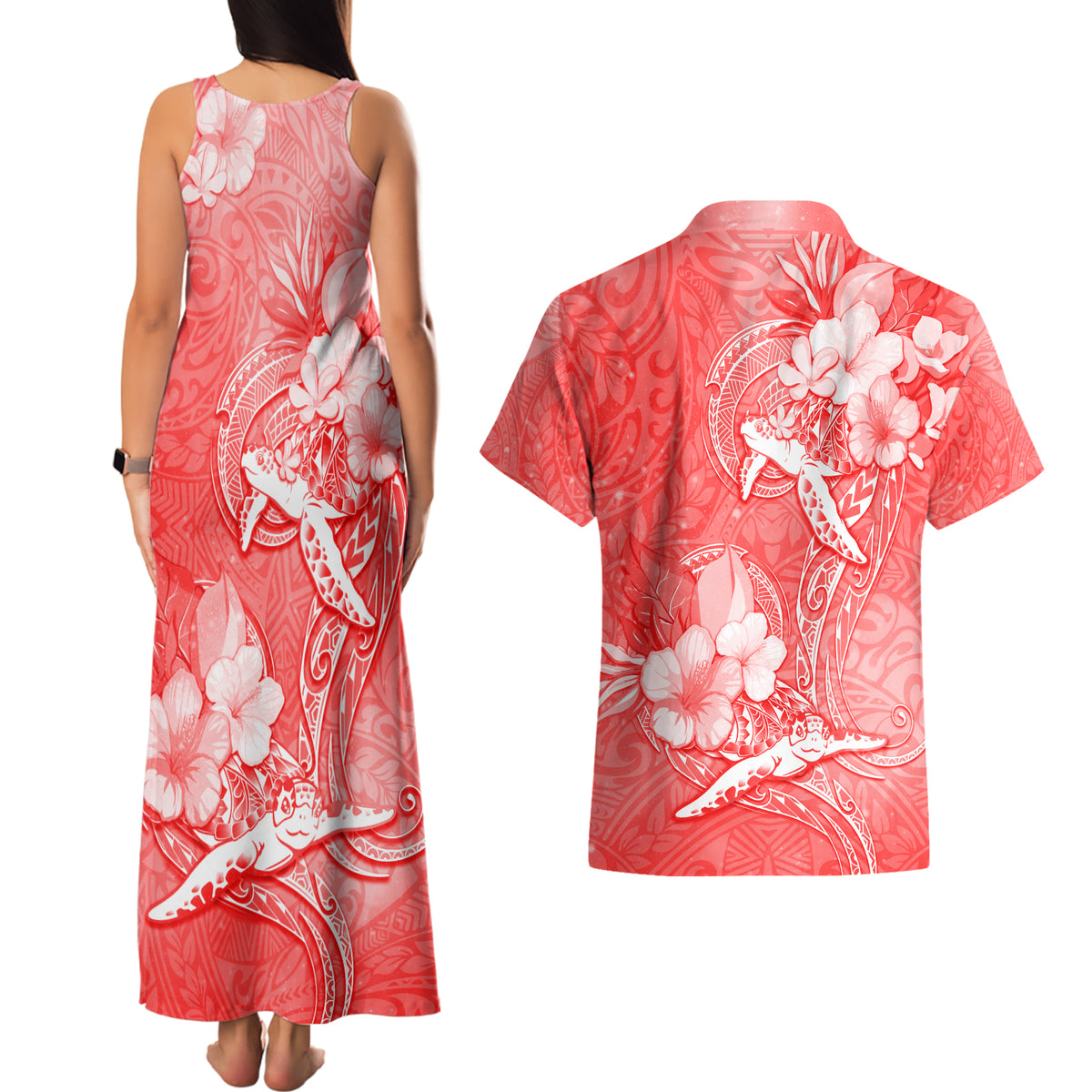 Polynesia Sea Turtle Couple Couples Matching Tank Maxi Dress and Hawaiian Shirt Happy Valentine Day Red LT05 - Polynesian Pride